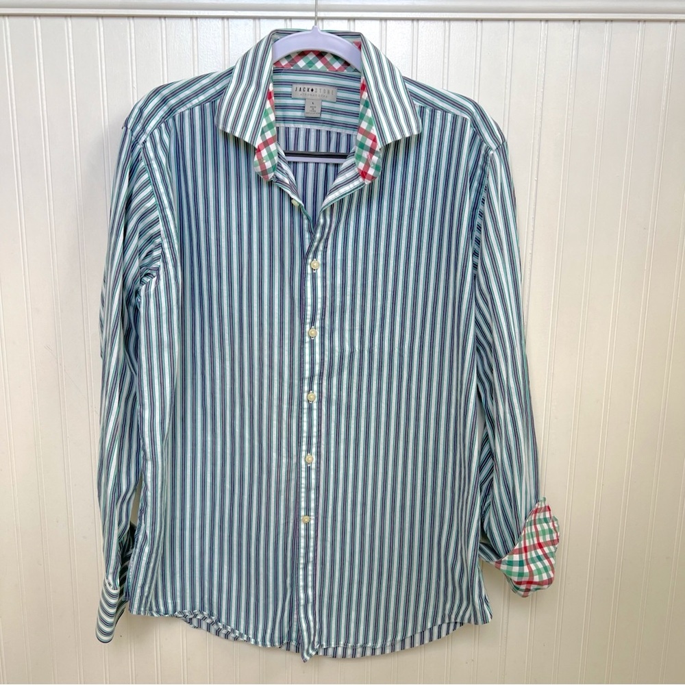 Jack Stone by Thomas Dean Green & Blue Stripe Contrast Cuff Button Up Large